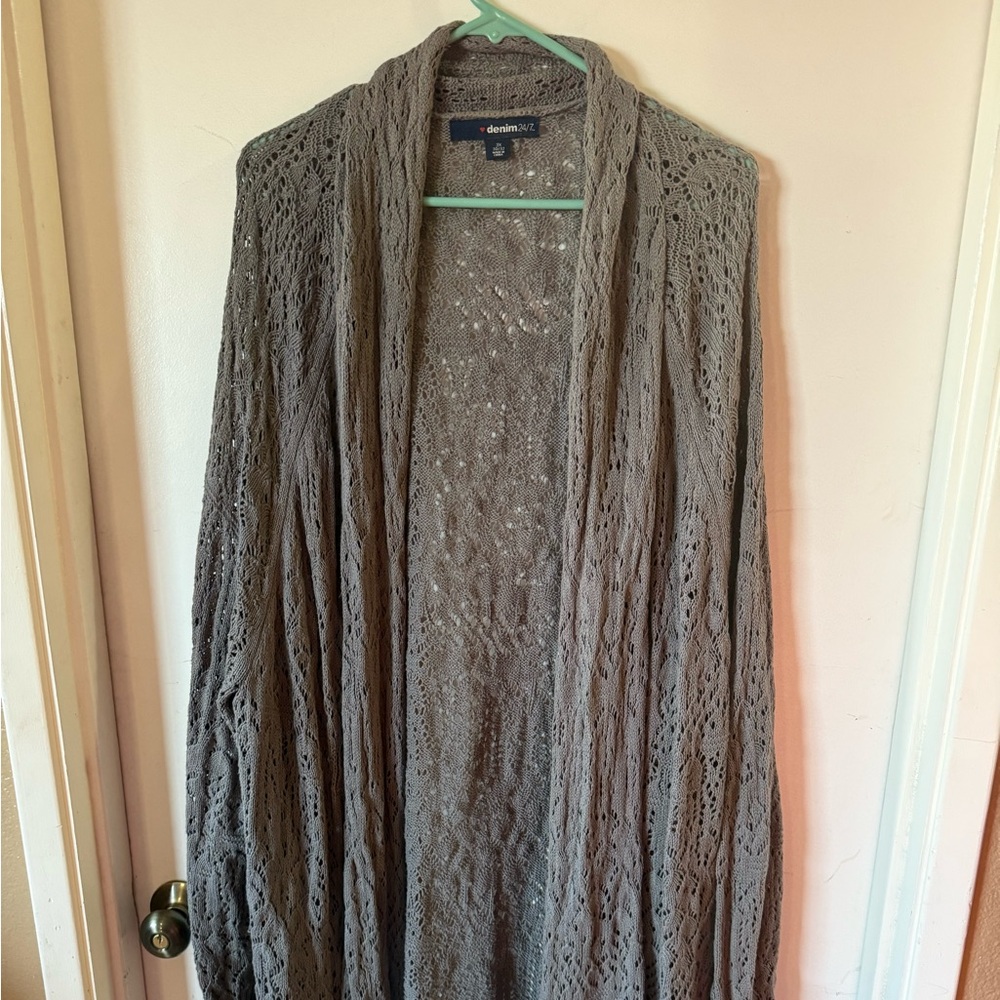 Woman’s Plus Size Open Cardigan Sweater Gray Thin 30/32W Knit Long